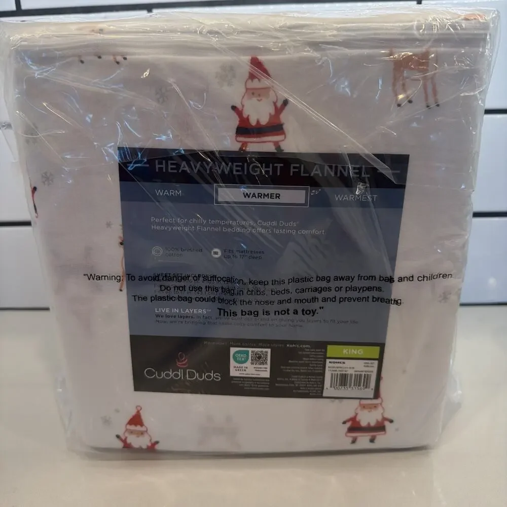 Cuddl Duds King Bed Sheet Set Christmas Santa Reindeer Heavyweight Flannel NEW!